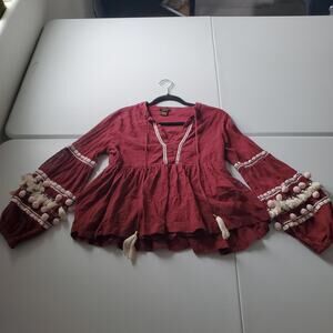 Vineet Bahl Tunic Blouse Womens Small Red Pom Pom Tassel Bell Sleeve Boho
